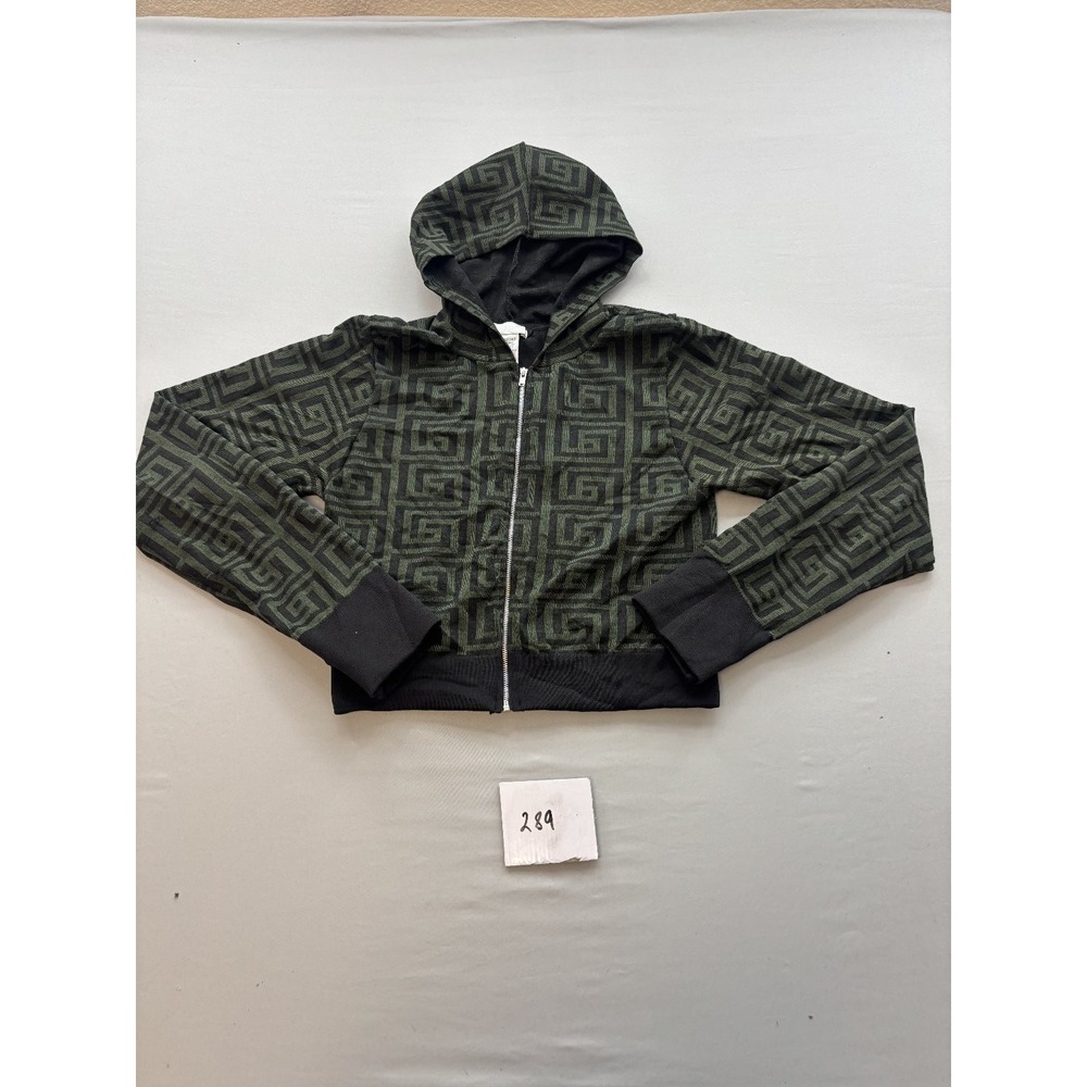 AQ Sport Womens Cropped Full Zip Hoodie Jacket Dancewear Green Black Geometric M